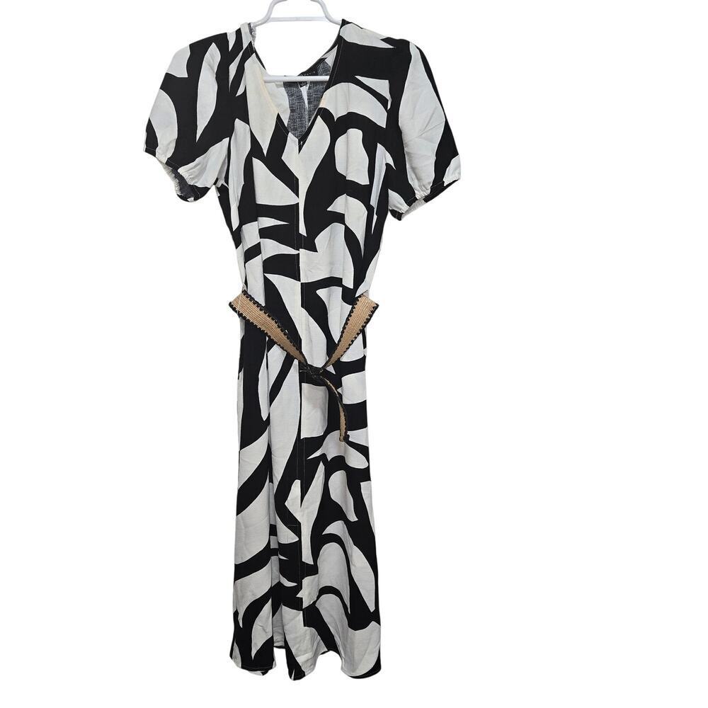 Fred David Abstract Brushstroke Belted Midi Dress Size M